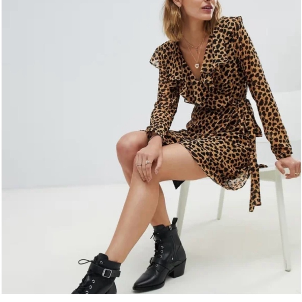 Free People Leopard Wrap Dress Small Ruffle Long Sleeve Mini Boho